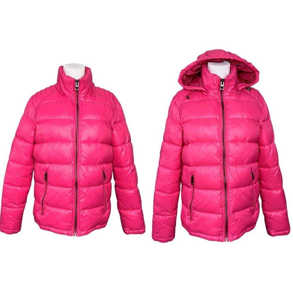Guess 119RN716 Mens Midweight Hooded Puffer Coat Pink SMALL Winter Zipper Pocket